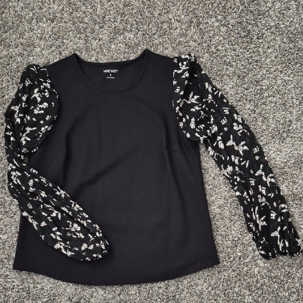 Nine West Black Blouse with Floral Sleeves